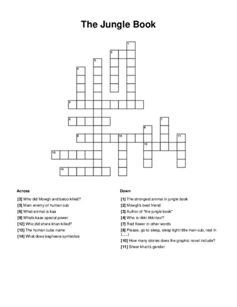 Crossword Solver / "the-jungle-book"-serpent. We found 20 possible solutions for this clue. We think the likely answer to this clue is KAA. You can easily improve your search by specifying the number of letters in the answer. Best answers for "The Jungle Book" Serpent: KAA, BALOO, SHERE. Order by: Rank.